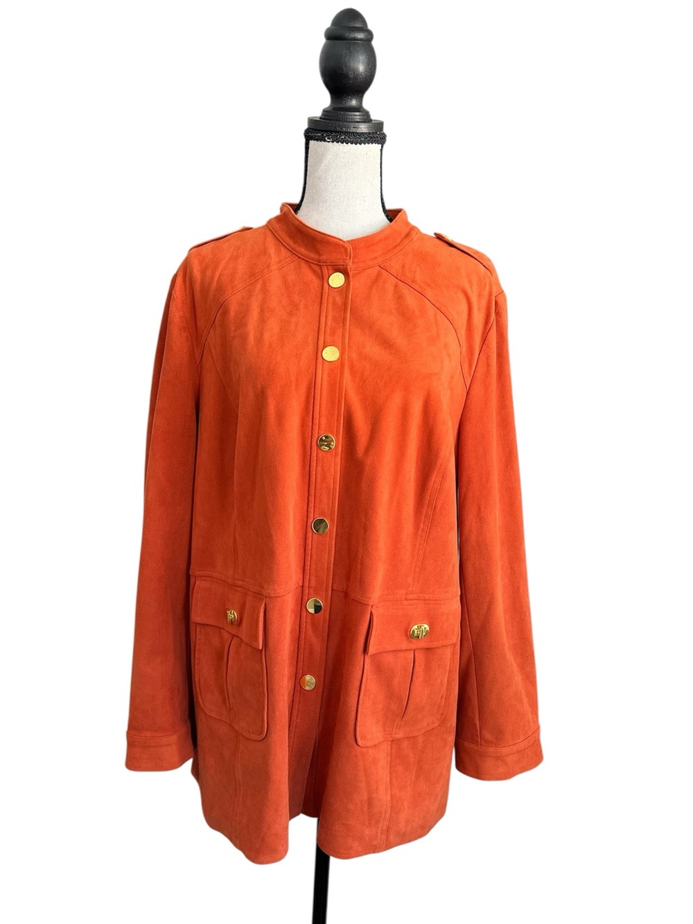 Chico’s Orange Faux Suede Utility Jacket Gold Tone Buttons Flap Pockets Boho